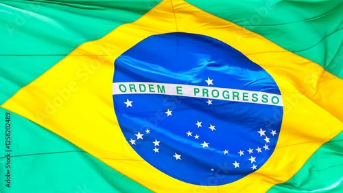 Close up of Brazilian flag in the wind in slow motion. Generative AI.