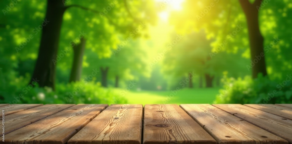 Fototapeta premium Polished wooden surface, sunlight filtering through lush green canopy, summer, image