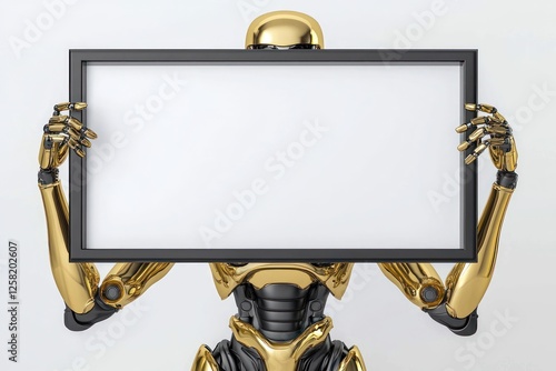 Sleek black frame held by a gold humanoid robot with matte arms, presenting a blank white sheet, isolated on white.