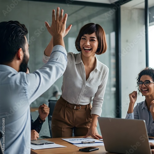 Colleague and coworker tossing high-fives in the office, celebrating a business achievement.

