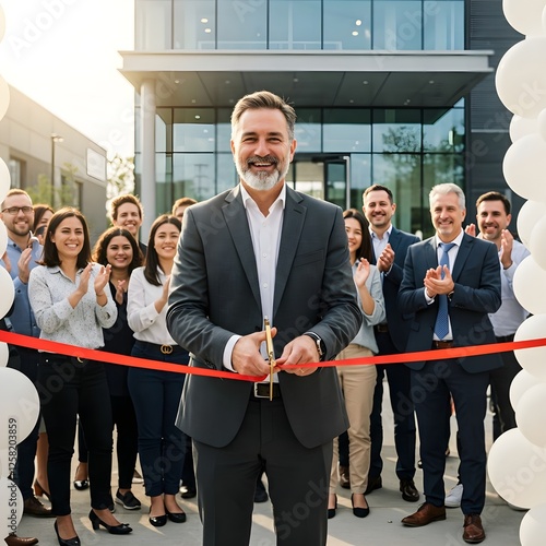 Director cutting the red ribbon at the opening of a new branch, symbolizing business growth and success.

