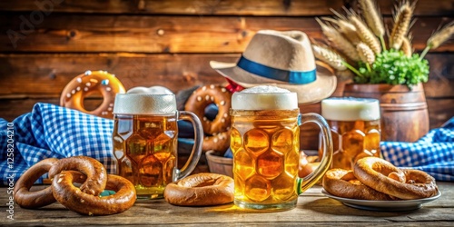 A rustic wooden table setting with a classic German beer stein filled with golden beer, alongside a pretzel and a checkered tablecloth.