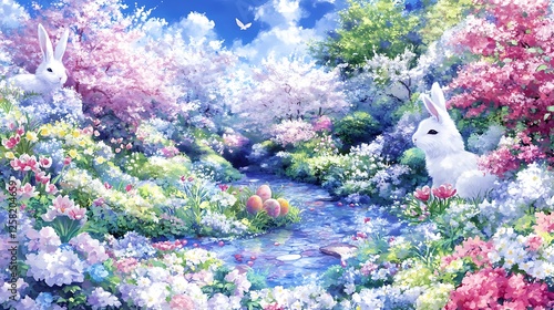 Serene Blossom River Bunnies and Peaceful Sanctuary of Springtime Fantasy Art Rendered Scene photo