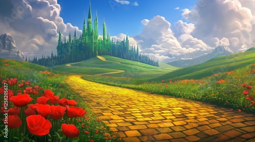 The yellow brick road leads to the green emerald city in the distance, passing through a field of poppies.