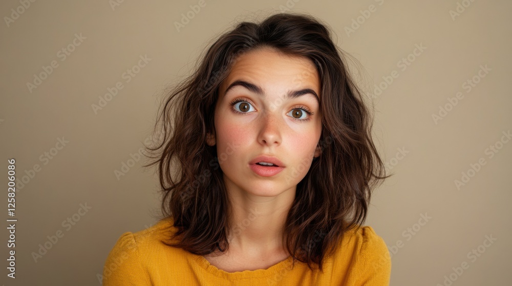 Fototapeta premium surprised young woman in mustard yellow sweater