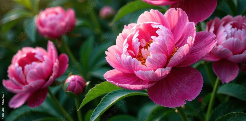 Close-up of peony flowers and green leaves , botanical art, peony closeup, garden foliage Close-up of peony flowers and green leaves , botanical art, peony closeup, garden foliage