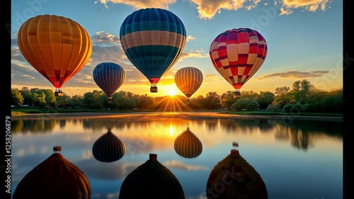 Colorful hot air balloons soaring above a tranquil lake at sunset, reflecting vibrant hues in the water