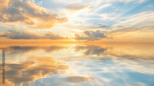 Golden sunset sky reflects across a calm ocean surface at dusk for backgrounds.
