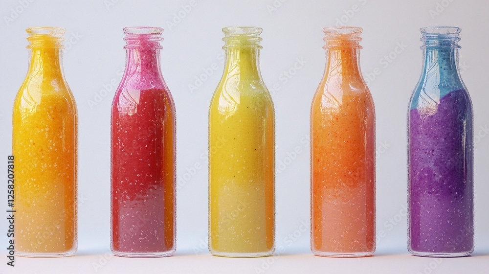Colorful smoothie bottles arranged in a line showcase vibrant drinks with layered textures and fruity flavors Colorful smoothie bottles arranged in a line showcase vibrant drinks with layered textures and fruity flavors