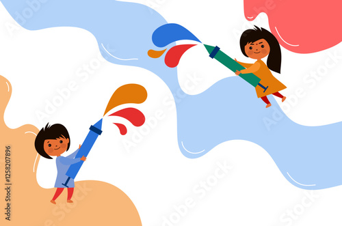 png happy  cute character kid celebrating holi festival. child playing Holi.  transparent background.  Flat vector hand drawn cartoon illustration.