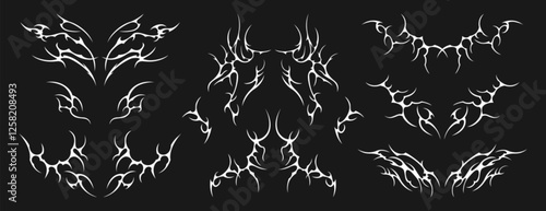 Vector set of neo tribal tattoo. Neotribal gothic butterfly with wings, flame, heart, womb, symmetrical abstract dividers. Cyber sigilism y2k design elements. Celtic gothic body ornaments, emo sticker