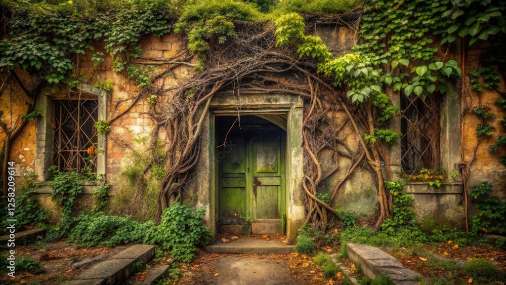 A weathered brick wall, draped in lush greenery, reveals a forgotten doorway, its entrance partially concealed by an overgrown vine. A weathered brick wall, draped in lush greenery, reveals a forgotten doorway, its entrance partially concealed by an overgrown vine.