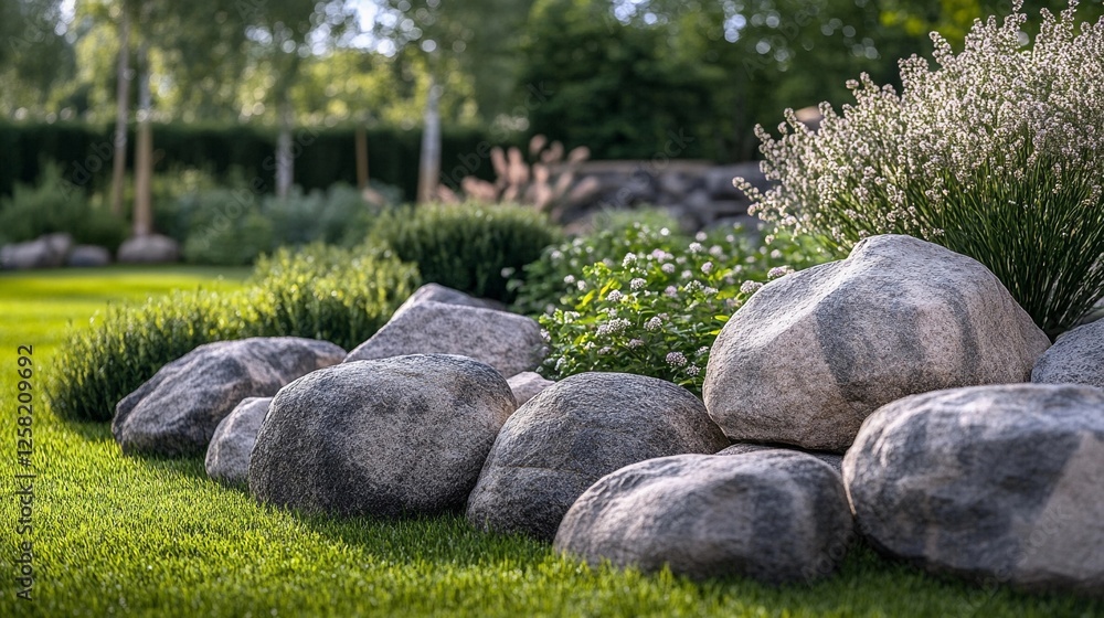Natural landscaping featuring smooth stones and vibrant greenery in a serene garden setting Natural landscaping featuring smooth stones and vibrant greenery in a serene garden setting