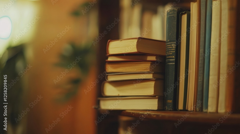Stack of classic books on a rustic wooden shelf inviting contemplation in a cozy reading nook. Generative AI Stack of classic books on a rustic wooden shelf inviting contemplation in a cozy reading nook. Generative AI