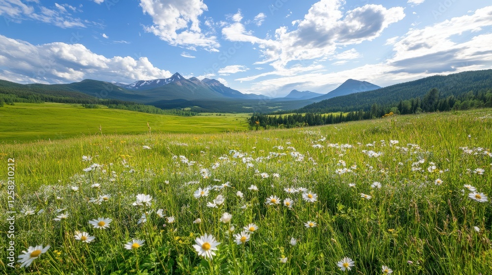 Fototapeta premium Idyllic mountain landscape with daisy field and blue sky.