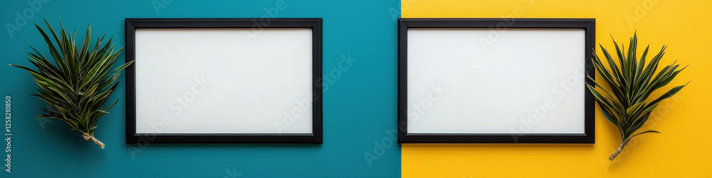 Fototapeta premium Black frames with tropical leaves on vibrant teal and yellow backgrounds