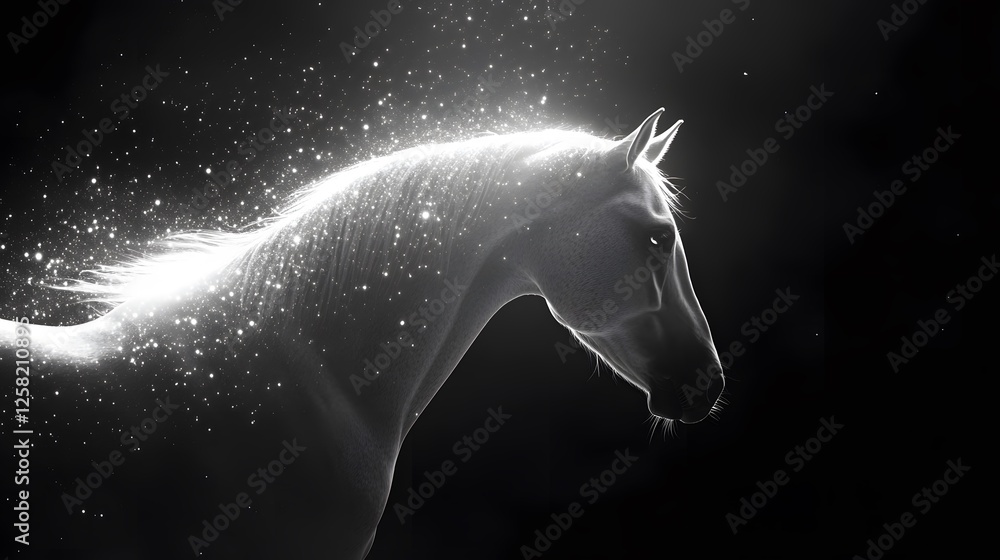 Naklejka premium Neon White Horse, Unicorn, on Black Background, Abstract Image, Texture, Pattern Background, Wallpaper, Cover and Screen of Smartphone, PC, Laptop, 9:16 and 16:9 Format