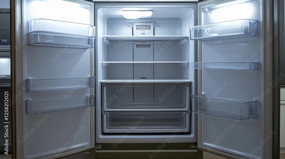 Empty refrigerator with open doors in a modern kitchen space at night Empty refrigerator with open doors in a modern kitchen space at night
