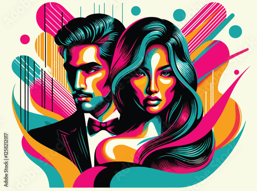 Vector of Couple Valentine Pop Art Vibrant Color Banner Poster