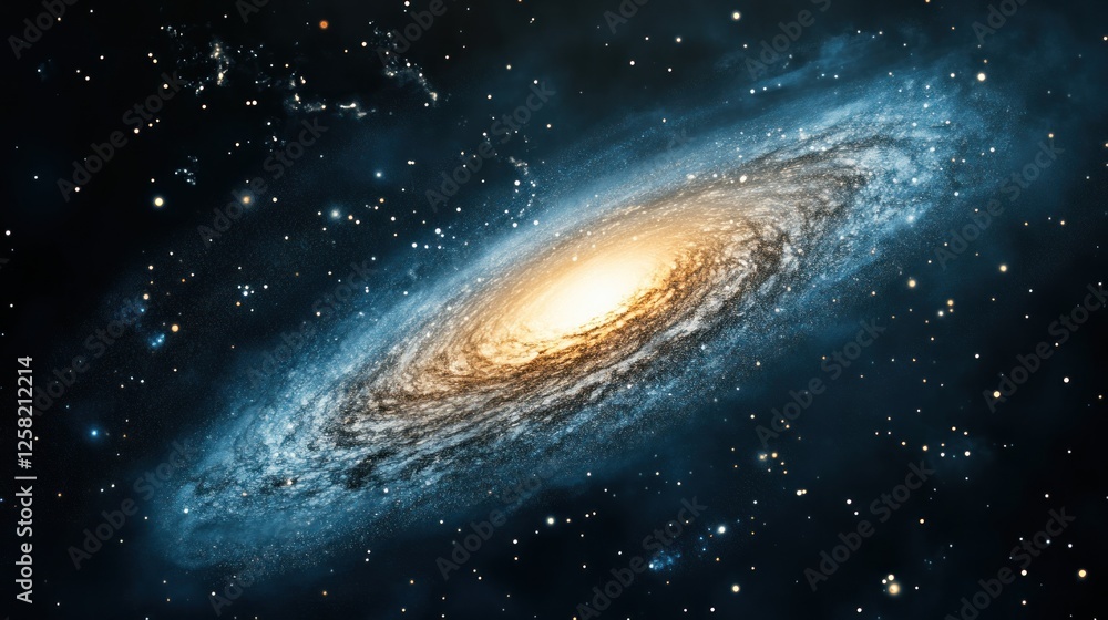Obraz premium Spiral galaxy in deep space with bright core and surrounding stars.