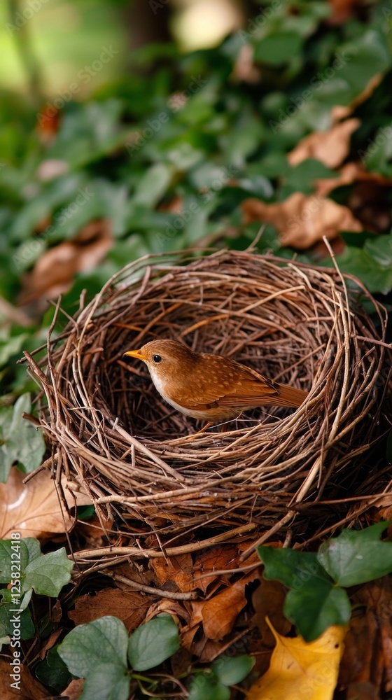 Small Brown Bird Resting in Nest Lush Forest Floor Wildlife Photography Tranquil Environment Close-Up Focus Nature's Serenity