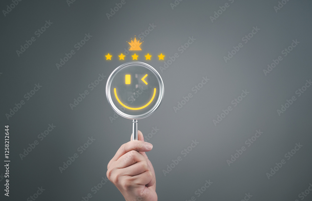 hand holds a magnifying glass revealing a smile face and stars, symbolizing customer feedback and satisfaction. hand holds a magnifying glass revealing a smile face and stars, symbolizing customer feedback and satisfaction.