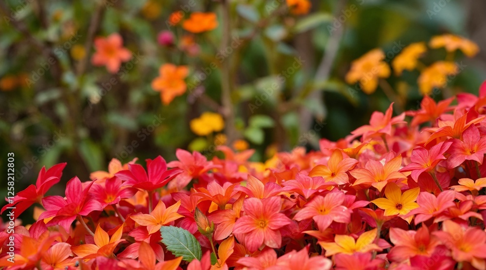 Vibrant flower garden featuring blooming red and orange flowers creating a colorful and lively atmosphere