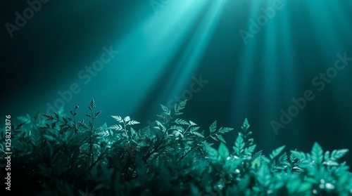 Lush green leaves illuminated by soft rays of light  