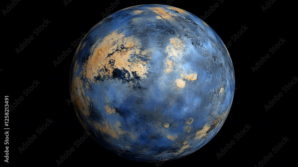 Fototapeta premium A colorful, stylized representation of a planet, showcasing a mix of blues and earthy tones, surrounded by a dark background