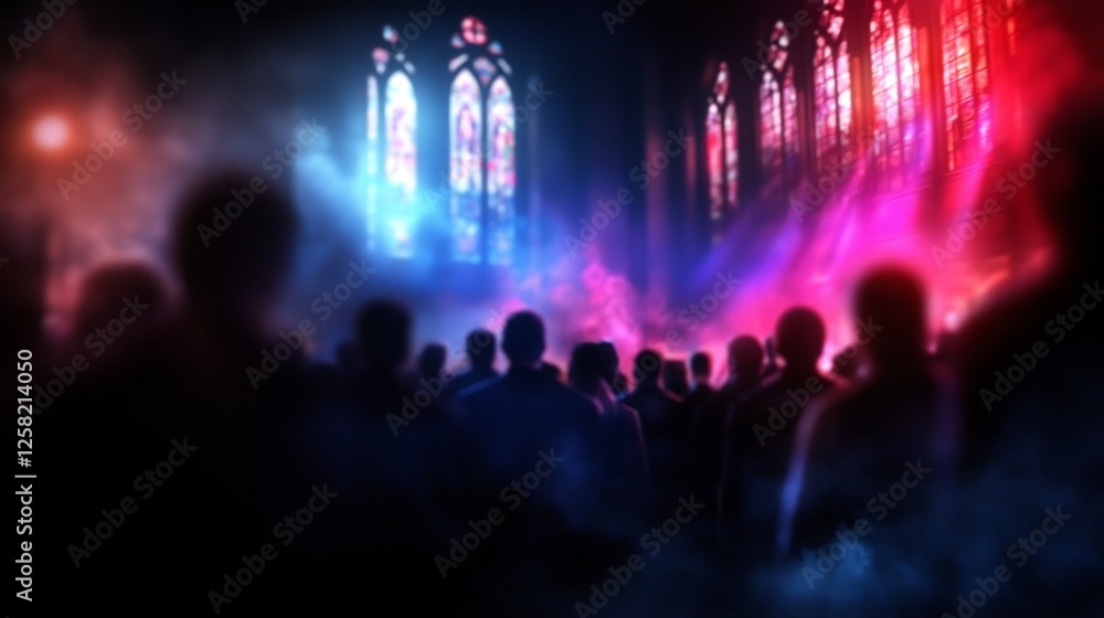Silhouette Crowd Watching Vibrant Stage Performance Beneath Stained Glass Windows