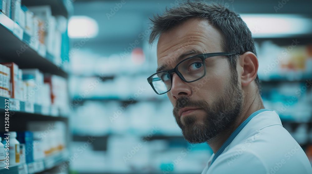 Pharmacist inspecting medication in a professional drugstore environment Pharmacist inspecting medication in a professional drugstore environment