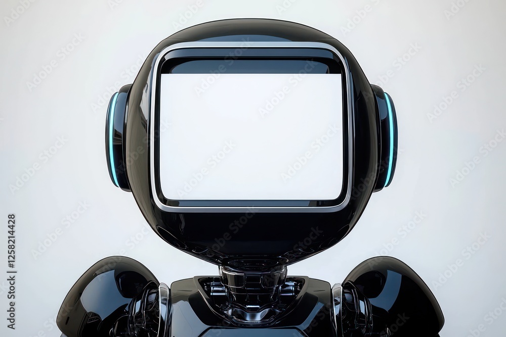 Black humanoid robot with glowing accents showcases a blank sheet in a matte silver frame.,,, Black humanoid robot with glowing accents showcases a blank sheet in a matte silver frame.,,,