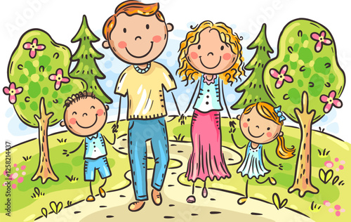 Happy family walks in nature. Cartoon parents and children walking together outdoors