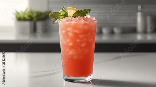 A frosty glass of pink lemonade garnished with a lemon slice and mint leaves