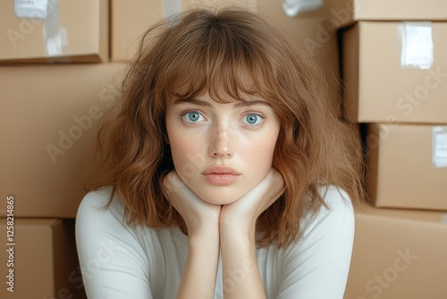 Thoughtful woman resting her chin on hands, surrounded by shipping boxes, reflecting on online shopping, packaging, logistics, and moving services. photo