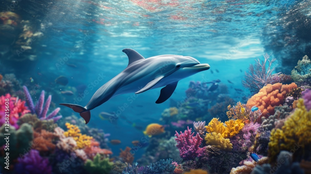Fototapeta premium Dolphin swimming coral reef ocean underwater wildlife (4)
