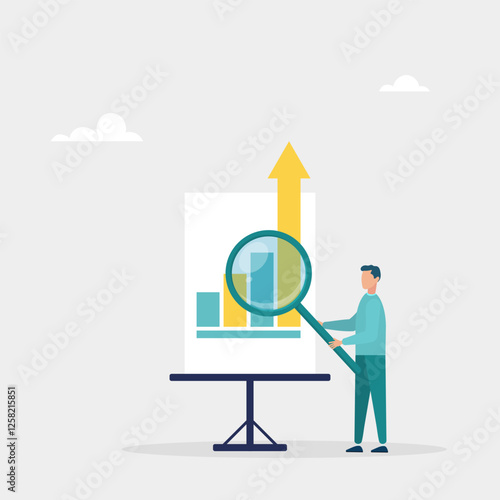 Research data, analysis of information in chat. Studying financial data or business growth. The character uses a magnifying glass to view graphs. Vector illustration	