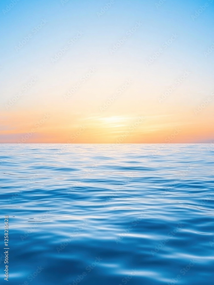 Naklejka premium Calm ocean at sunset: Gentle waves reflect soft sunlight. Serene, peaceful, and beautiful scene.