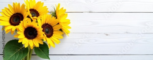 Sunflowers in a bunch, white wooden background , beauty, happy