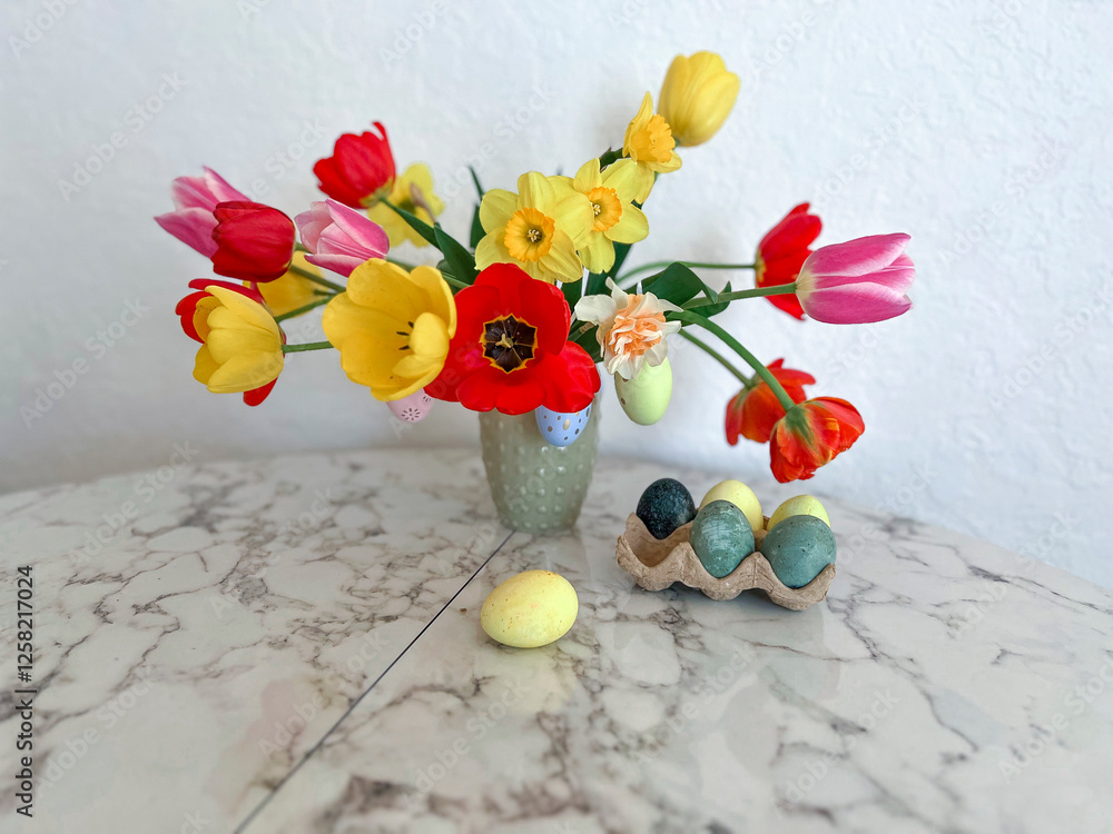 An Easter card. Colorful bright tulips decorated with eggs stand in a vase on the table next to colorful eggs