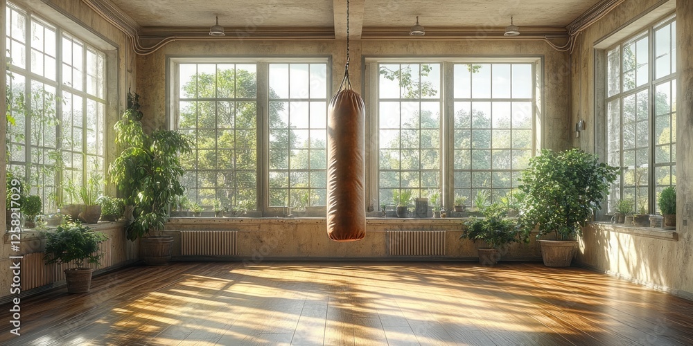 Serene Boxing Gym with Large Windows and Sunlight Serene Boxing Gym with Large Windows and Sunlight
