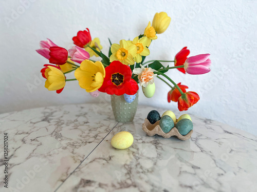 Obraz na płótnie An Easter card. Colorful bright tulips decorated with eggs stand in a vase on the table next to colorful eggs w salonie
