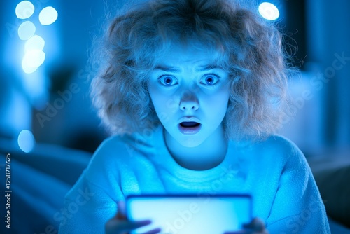 Young woman staring at smartphone screen in shock, eyes wide open, bathed in blue light, expressing digital anxiety, screen addiction, late-night browsing, unexpected news, emotional response. photo