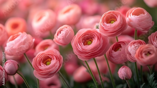 A vibrant field of pink ranunculus flowers swaying gently in the breeze under soft sunlight