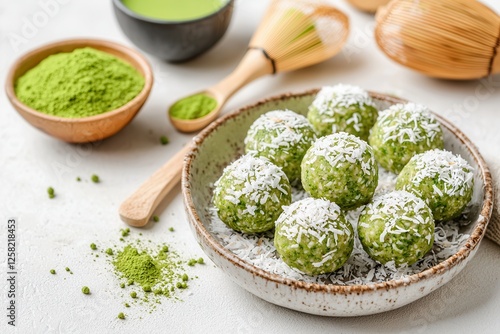 Healthy vegan dessert plant-based superfood. A plate of green matcha energy balls coated in coconut, surrounded by matcha powder and traditional tea tools.