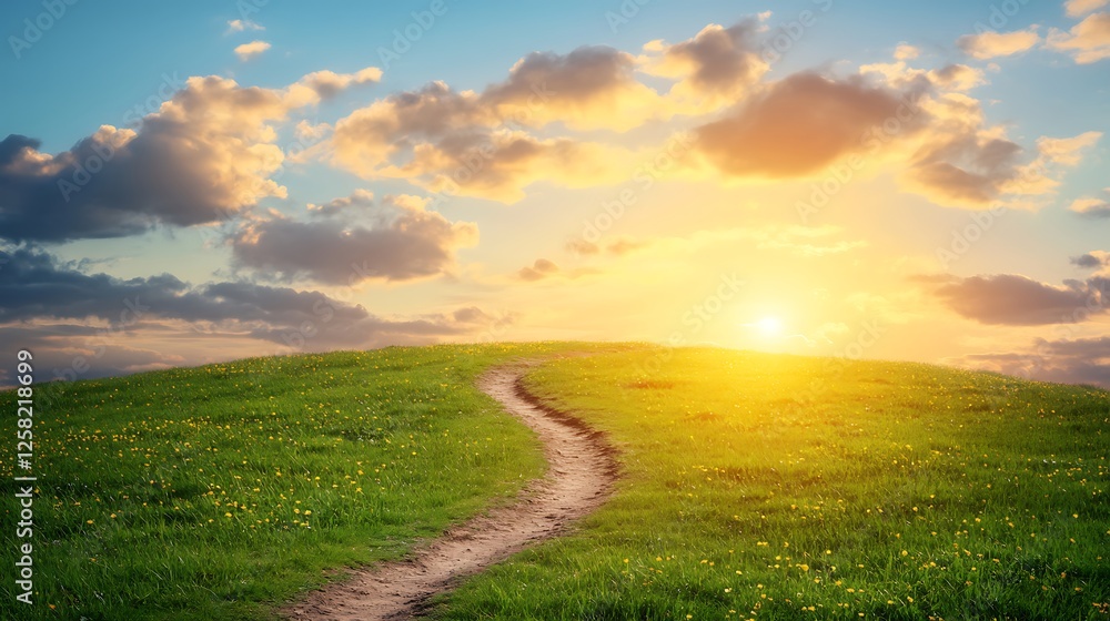 Fototapeta premium Serene Trail Through Green Meadow Leading Towards a Bright Horizon Under a Pastel Skyscape