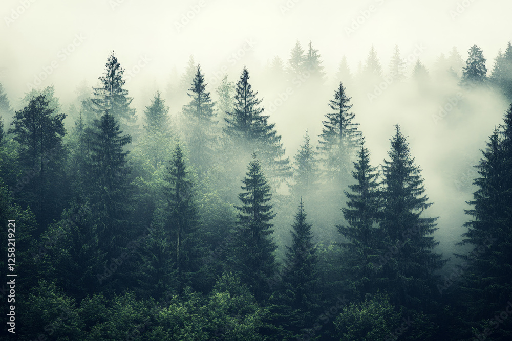 Misty landscape with mountains and dark moody fir forest in hipster vintage retro style Misty landscape with mountains and dark moody fir forest in hipster vintage retro style