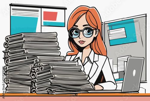 a female journalist with a stack of newspapers in a library