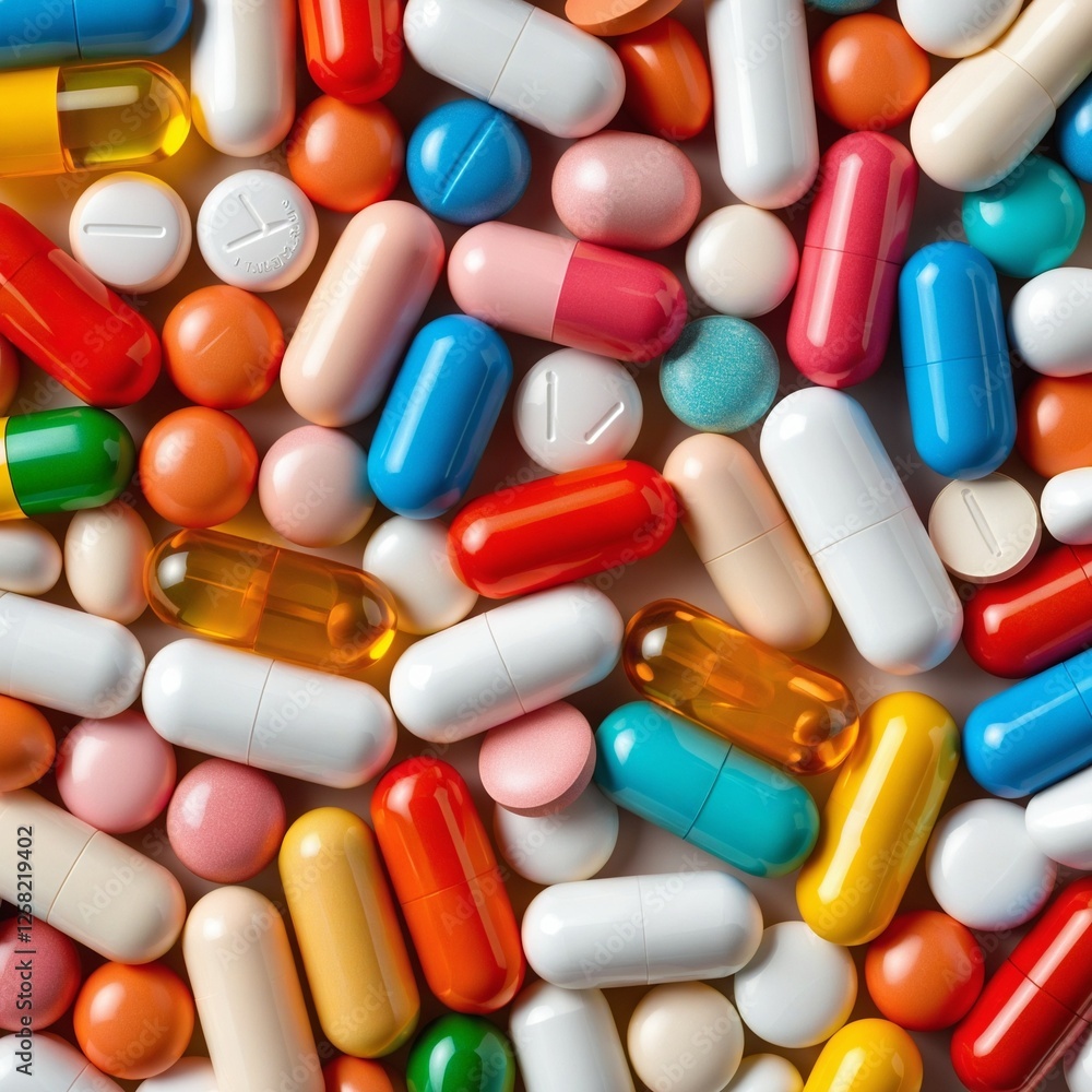 Vibrant Array of Pharmaceutical Pills and Capsules Neatly Displayed Vibrant Array of Pharmaceutical Pills and Capsules Neatly Displayed