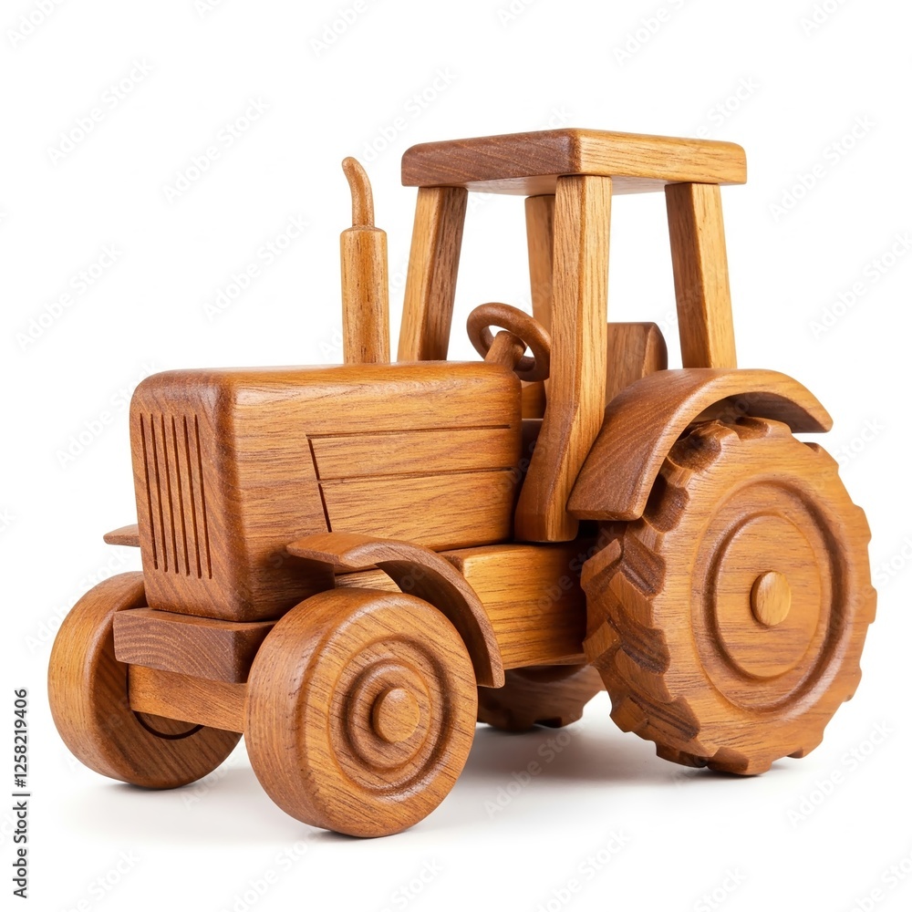 Fototapeta premium A handcrafted wooden toy tractor made from fine hardwood, isolated on a white background. Free space for text. Perfect for eco-friendly product ads, children's catalogs, or sustainability campaigns.